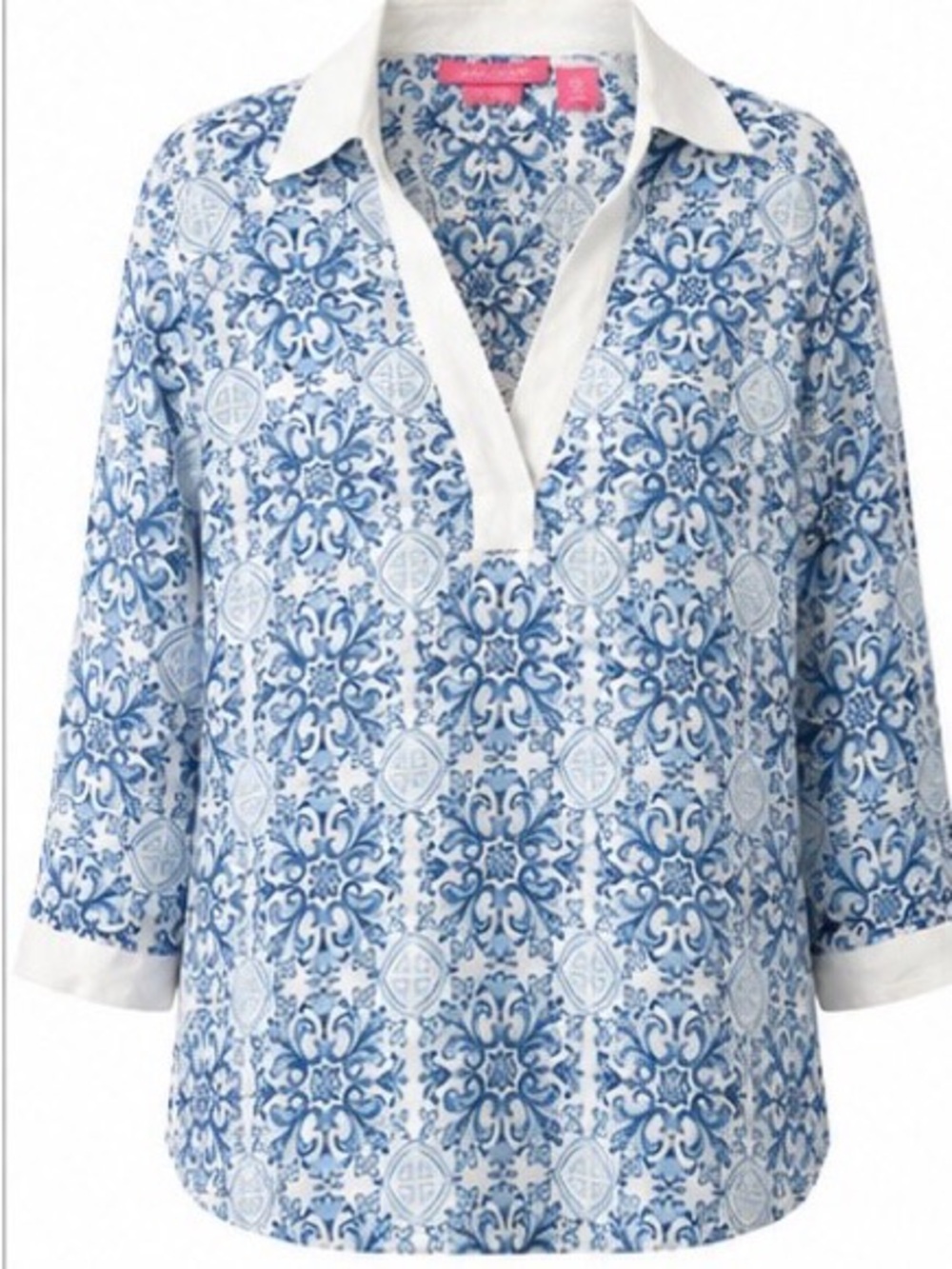 70. Isaac Mizrahi Blue and White Patterned Popover Blouse